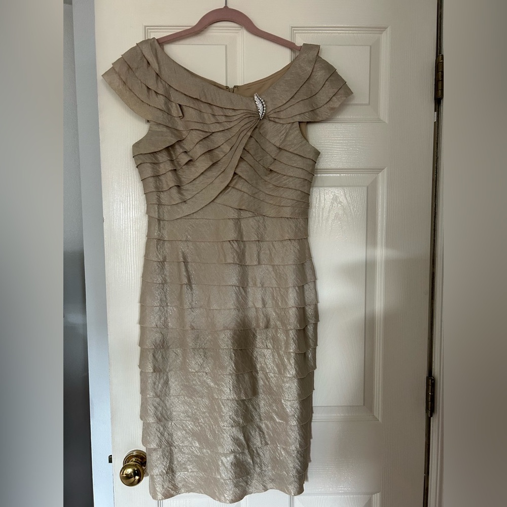 London Times Shimmering Gold Layered Formal Dress with Broach